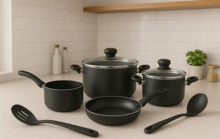BLACK PEPPER COOKWARE 8pc set of Non Stick saucepan 14 cm , Dutch oven 22 cm and 24cm with Glass LID , Fry PAN 24CM and 2 Nylon Spatula